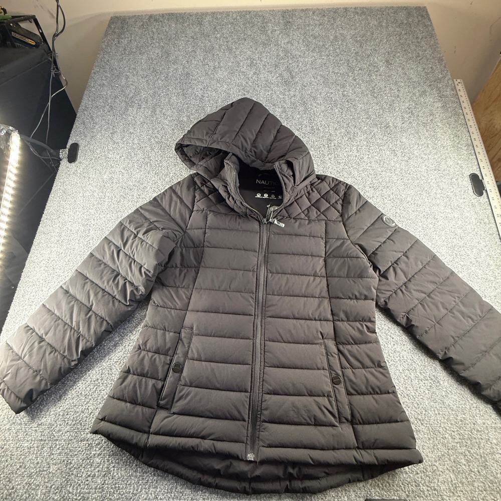 Nautica Womens Black Hooded Puffer Jacket Quilted Full Zip Coat Medium